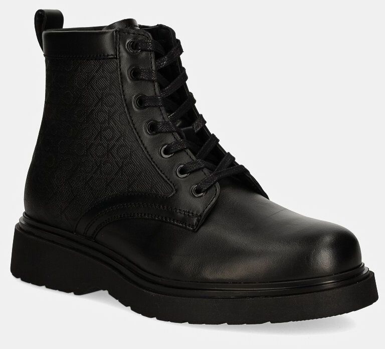 Kožené členkové topánky Calvin Klein LACE UP BOOT W/ ZIP MONO pánske, čierna farba, HM0HM01580
