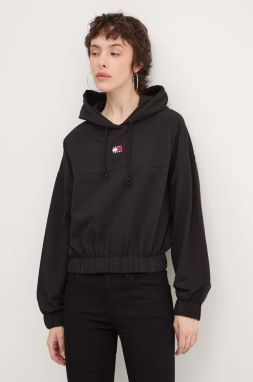 Mikina Tommy Jeans dámska, čierna farba, s kapucňou, jednofarebná, DW0DW18668