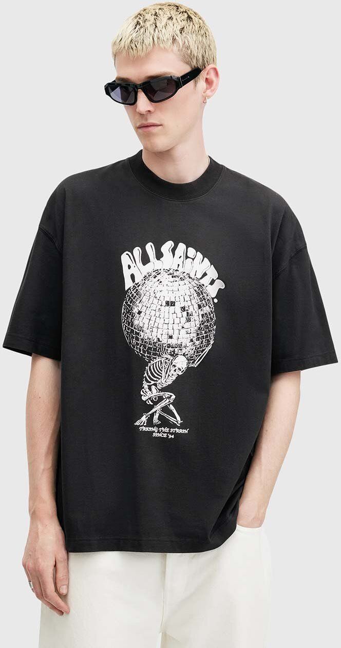Bavlnené tričko AllSaints BURDEN pánske, čierna farba, s potlačou, M021PB
