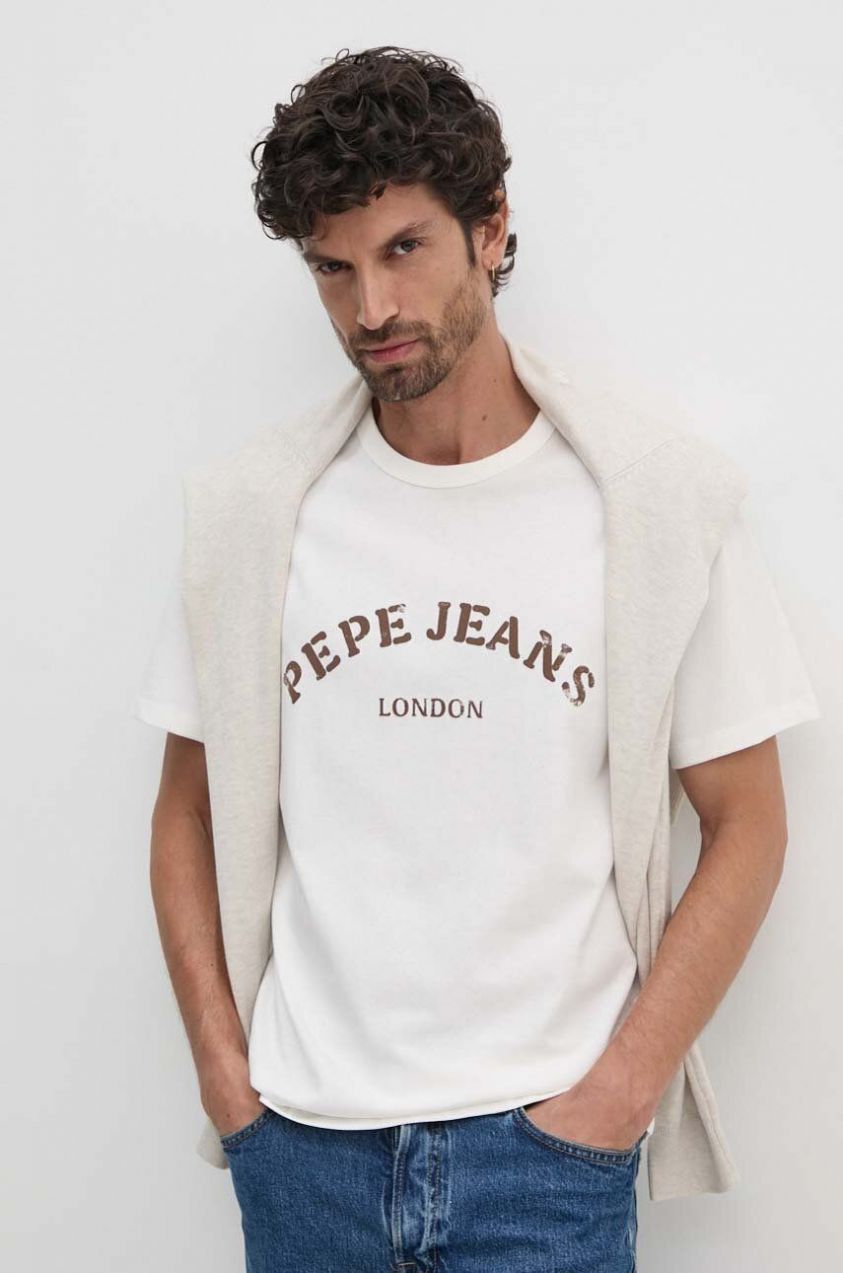 Bavlnené tričko Pepe Jeans ANWEN B pánske, béžová farba, s potlačou, PM509711