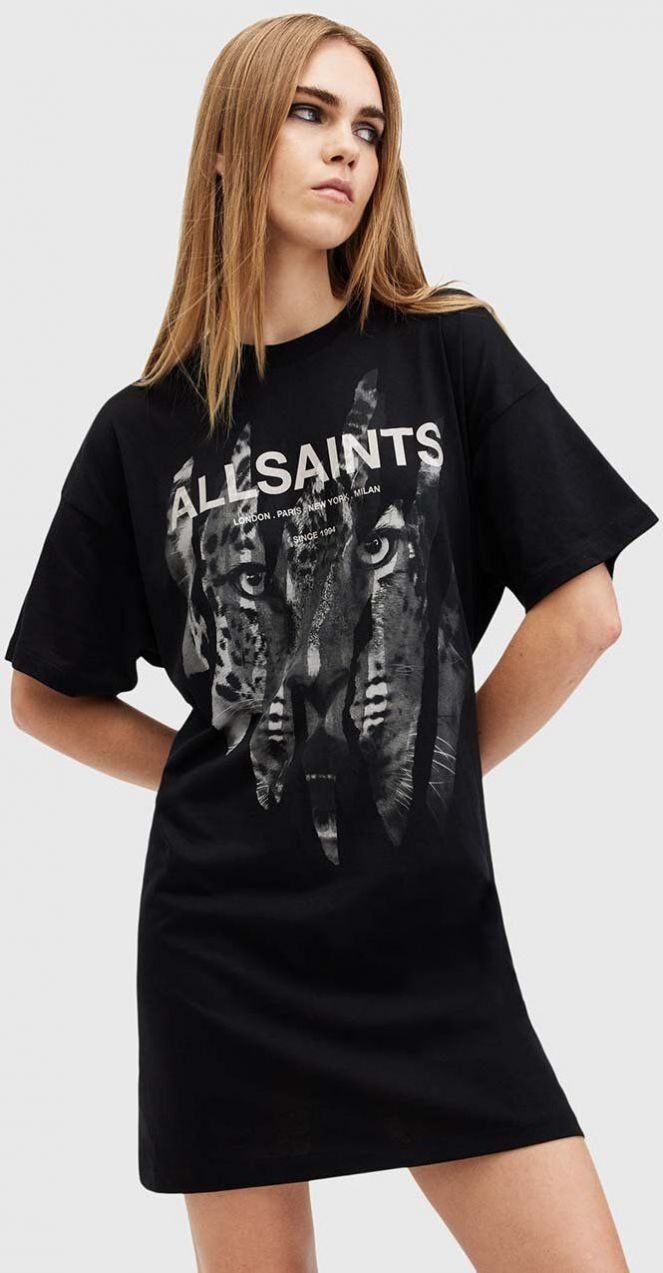 Bavlnené šaty AllSaints RIPROAR čierna farba, mini, rovný strih, W234DB