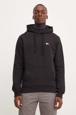 Bavlnená mikina Tommy Jeans pánska, čierna farba, s kapucňou, jednofarebná, DM0DM17988
