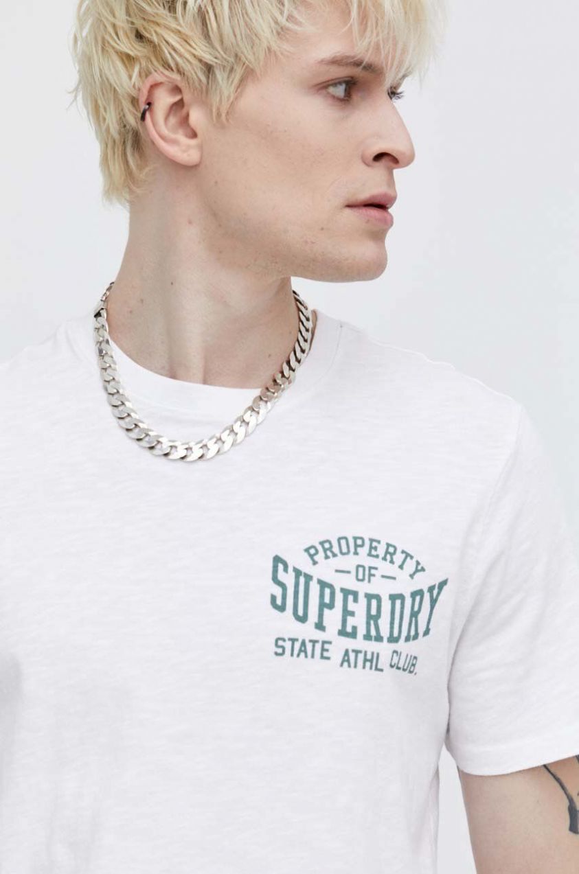 Bavlnené tričko Superdry pánske, biela farba, s potlačou