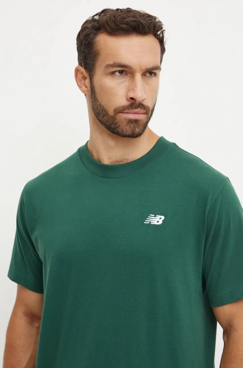 Bavlnené tričko New Balance pánske, zelená farba, jednofarebné, MT41509NWG