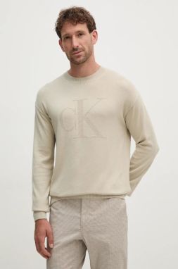 Sveter s prímesou vlny Calvin Klein Jeans pánsky, béžová farba, tenký, J30J326453
