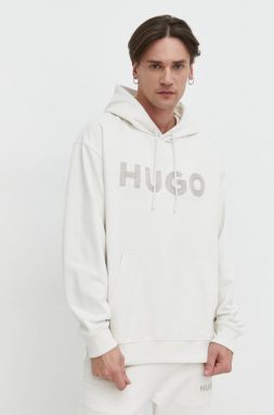 Bavlnená mikina HUGO pánska,béžová farba,s kapucňou,s nášivkou,50509975