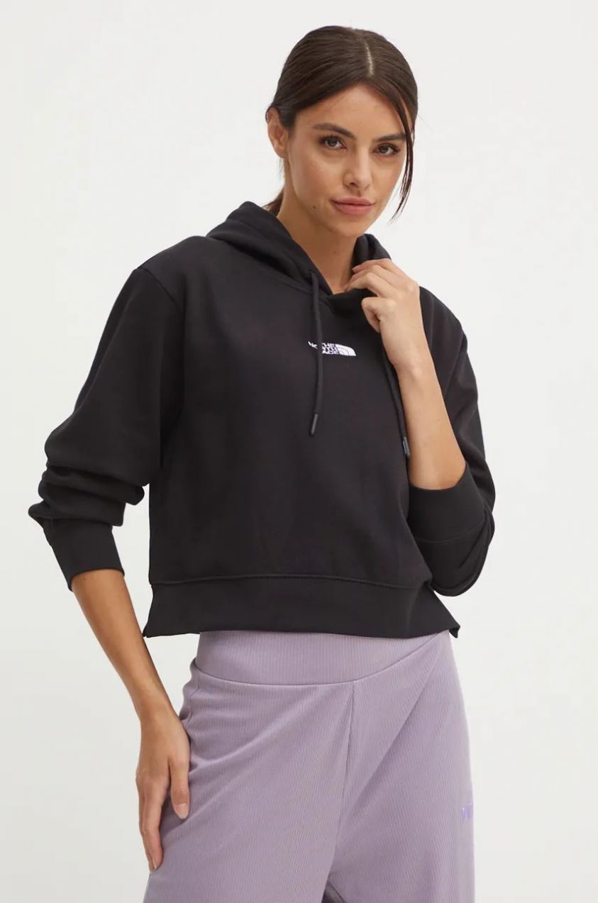 Mikina The North Face Essential Crop Hoodie dámska, čierna farba, s kapucňou, s nášivkou, NF0A89EXJK31