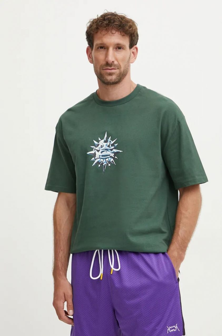 Bavlnené tričko Quiksilver Spike Ball Mer pánske, zelená farba, s potlačou, AQYZT09918
