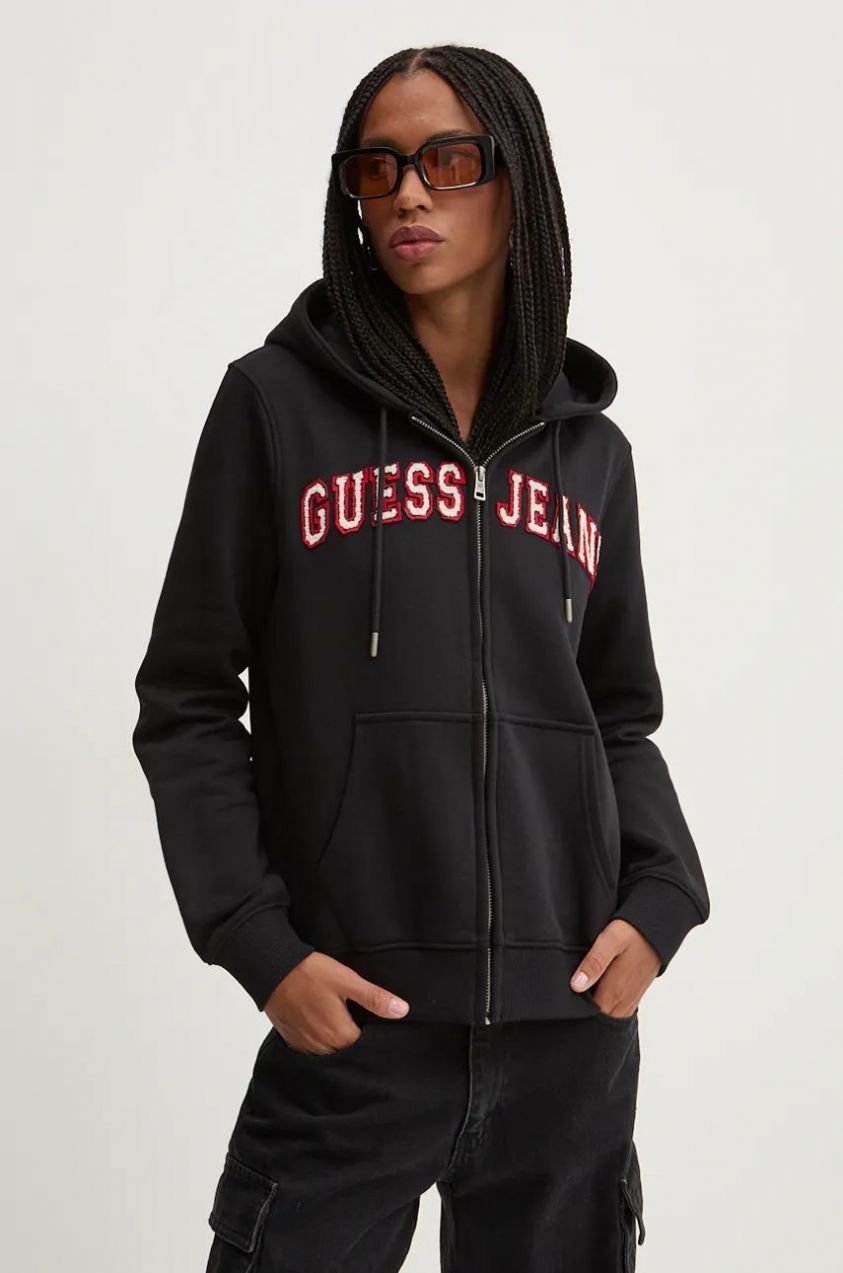 Mikina Guess Jeans dámska, čierna farba, s kapucňou, s nášivkou, W4YQ14 KC811
