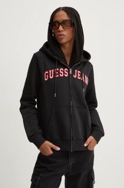 Mikina Guess Jeans dámska, čierna farba, s kapucňou, s nášivkou, W4YQ14 KC811