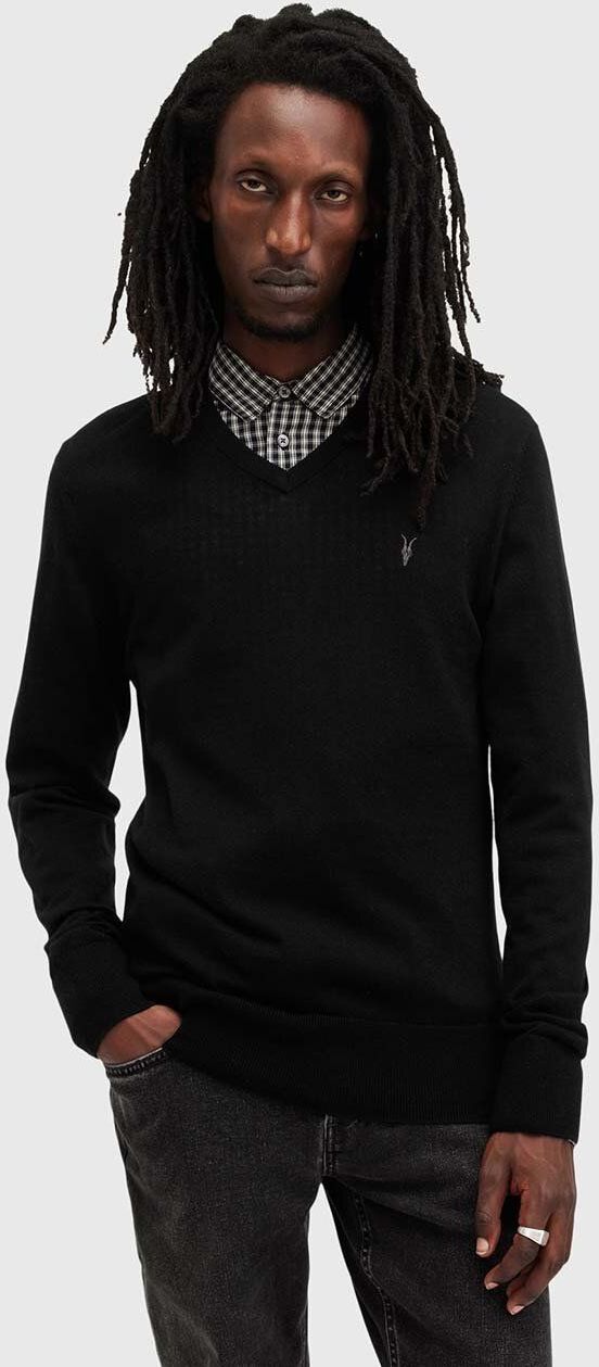 Vlnený sveter AllSaints MODE MERINO VNECK pánsky, čierna farba, tenký, M022KA