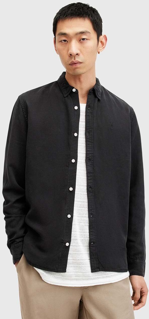 Košeľa s prímesou ľanu AllSaints LAGUNA LS SHIRT čierna farba, regular, M160SB