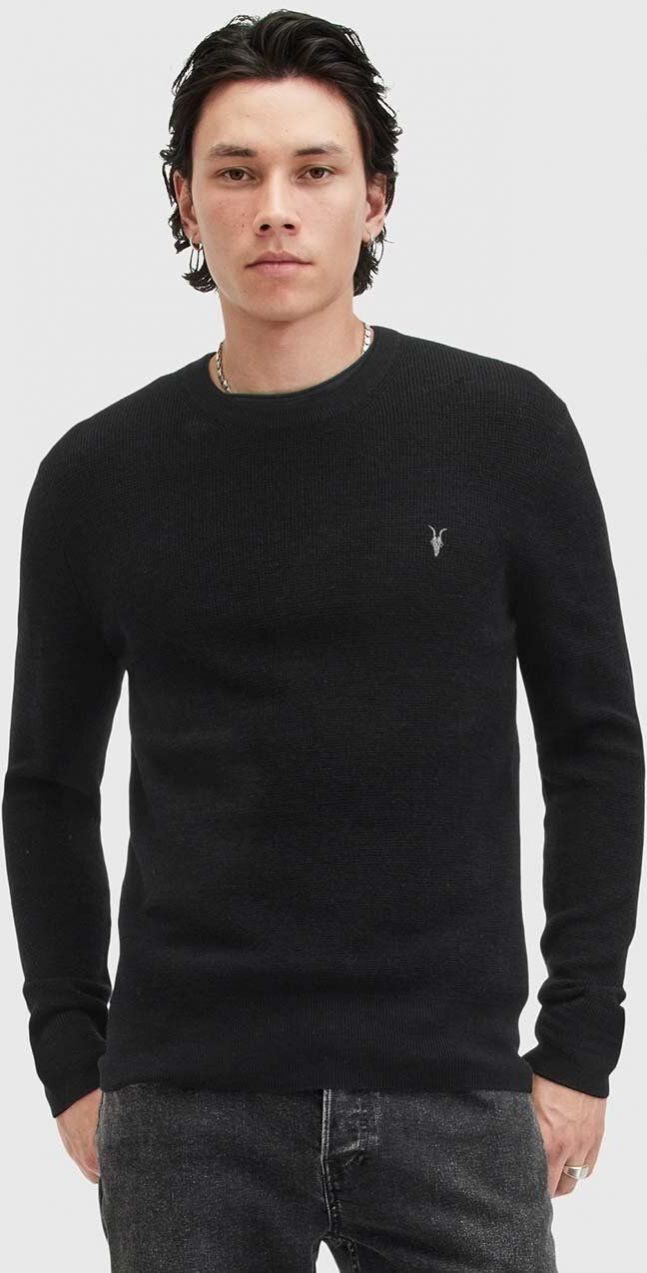 Vlnený sveter AllSaints IVAR MERINO CREW pánsky, čierna farba, M087KB