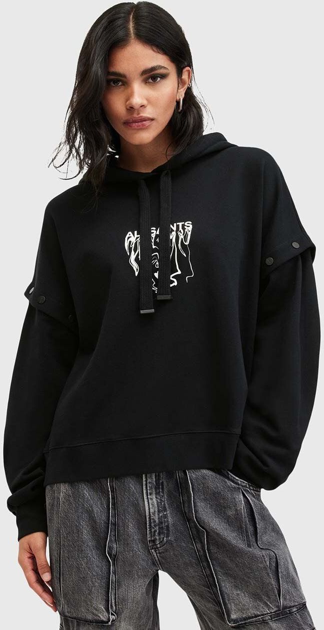 Bavlnená mikina AllSaints INKSNTS AMPHIA HOODY dámska, čierna farba, s kapucňou, s potlačou, W105JB