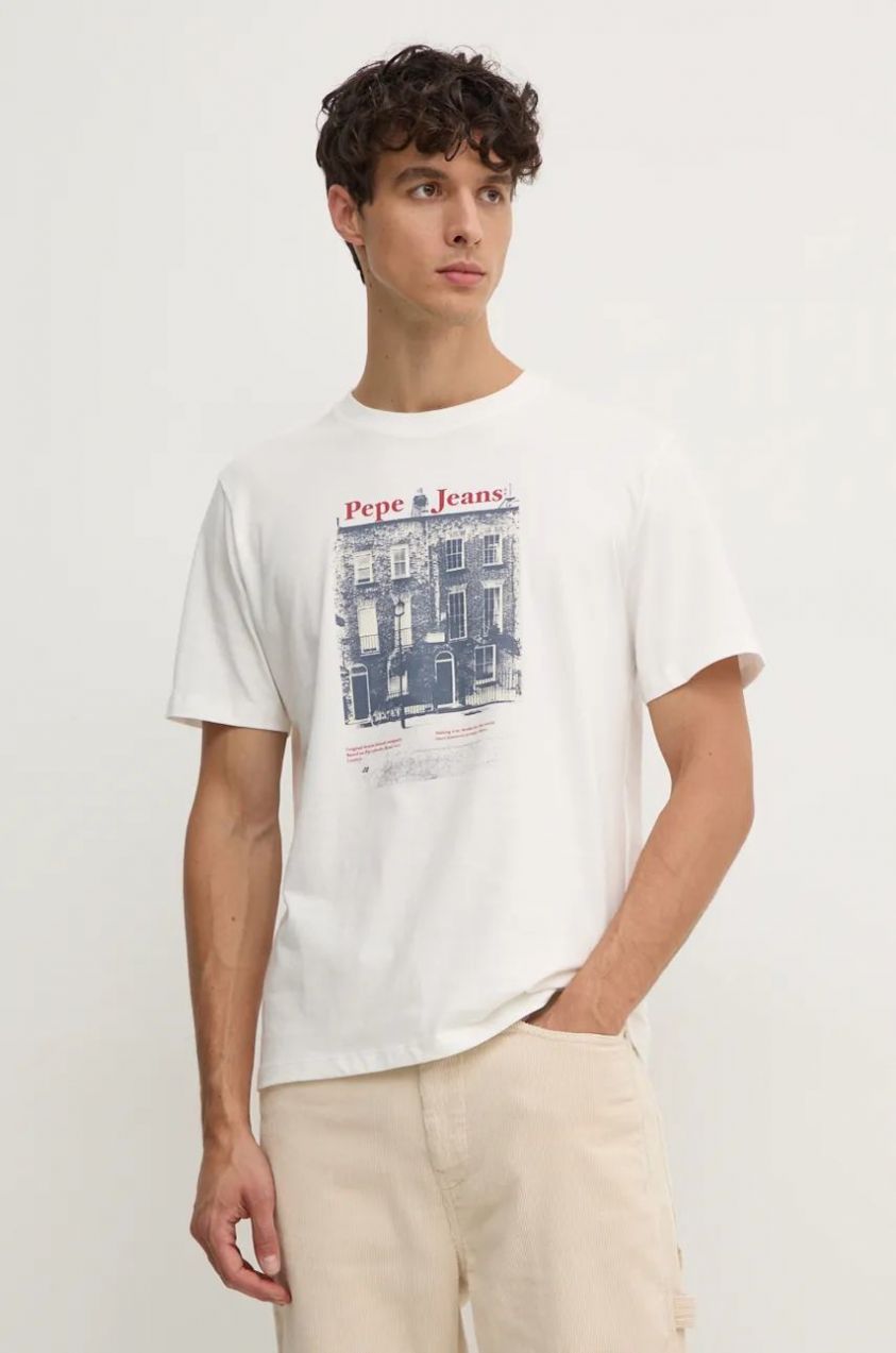 Bavlnené tričko Pepe Jeans SOREN TEE pánske, biela farba, s potlačou, PM509635