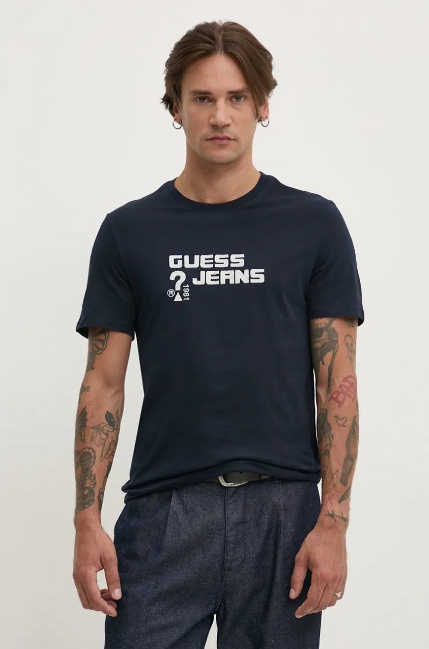 Bavlnené tričko Guess Jeans pánske, tmavomodrá farba, s nášivkou, M4BI76 K8HM0