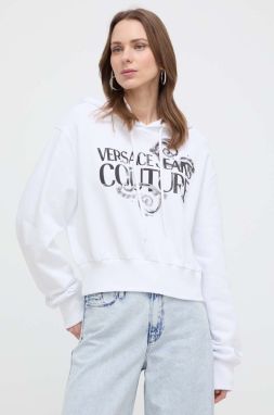 Bavlnená mikina Versace Jeans Couture dámska, biela farba, s kapucňou, s potlačou, 76HAIG00 CF01G