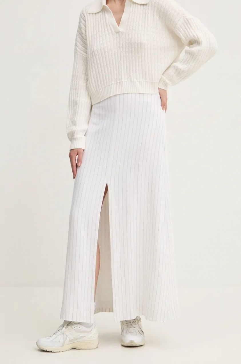Ľanová sukňa Abercrombie & Fitch biela farba, maxi, rovný strih, KI143-4311