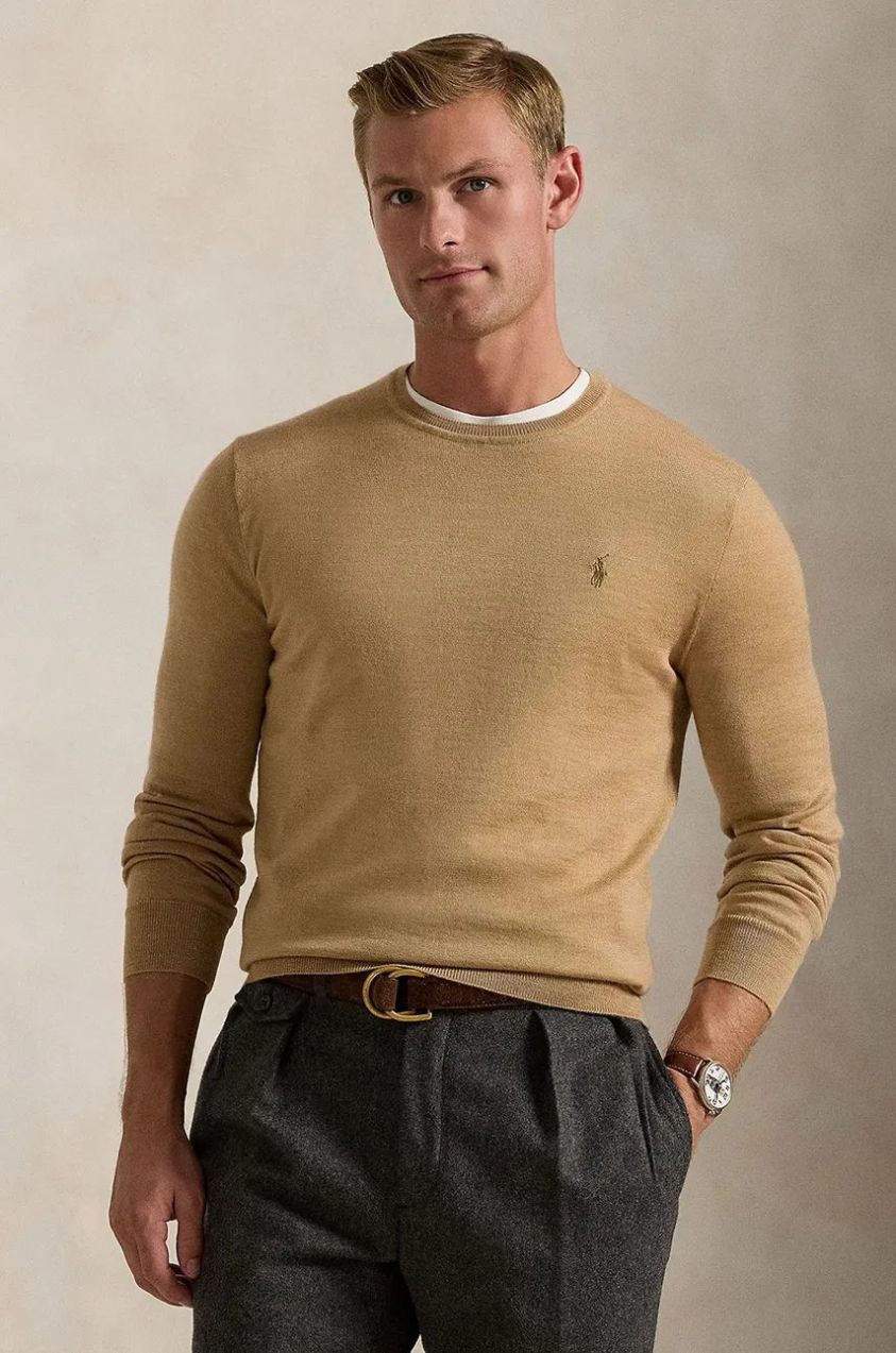 Vlnený sveter Polo Ralph Lauren pánsky, hnedá farba, tenký, 710946143
