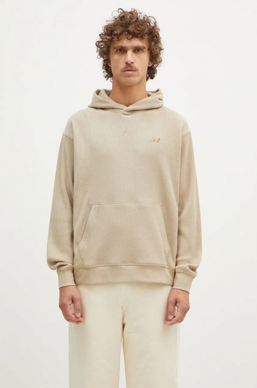 Mikina New Balance Waffle Knit Hoodie pánska, béžová farba, s kapucňou, jednofarebná, MT43519SOT
