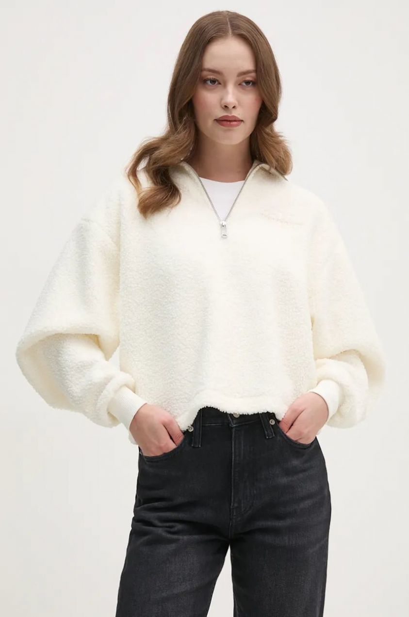 Fleecová mikina Calvin Klein Jeans biela farba, s nášivkou, J20J224180