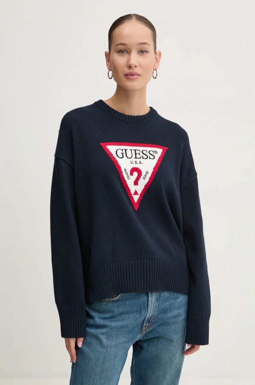 Bavlnený sveter Guess Jeans tmavomodrá farba, tenký, W4BR12 Z3HM1