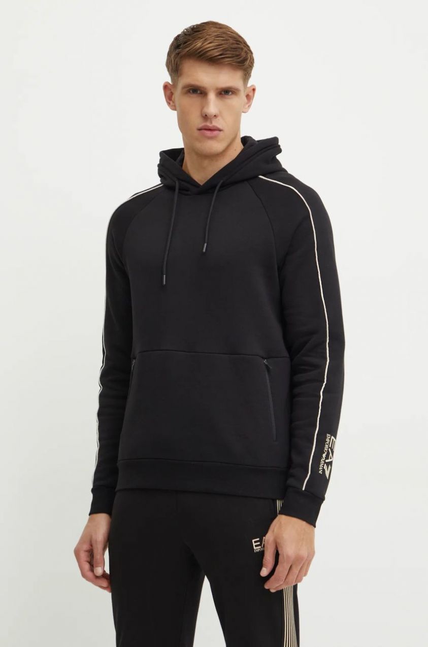 Bavlnená mikina EA7 Emporio Armani pánska, čierna farba, s kapucňou, jednofarebná, PJZJZ.6DPM21