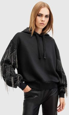Bavlnená mikina AllSaints LENNON TASSEL dámska, čierna farba, s kapucňou, s nášivkou, W002JA