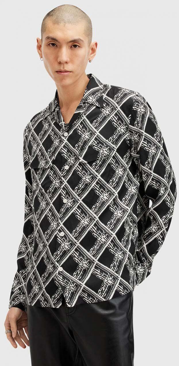 Košeľa AllSaints GRID pánska, čierna farba, voľný strih, M025SB