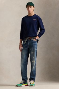 Bavlnené tričko s dlhým rukávom Polo Ralph Lauren tmavomodrá farba, s nášivkou