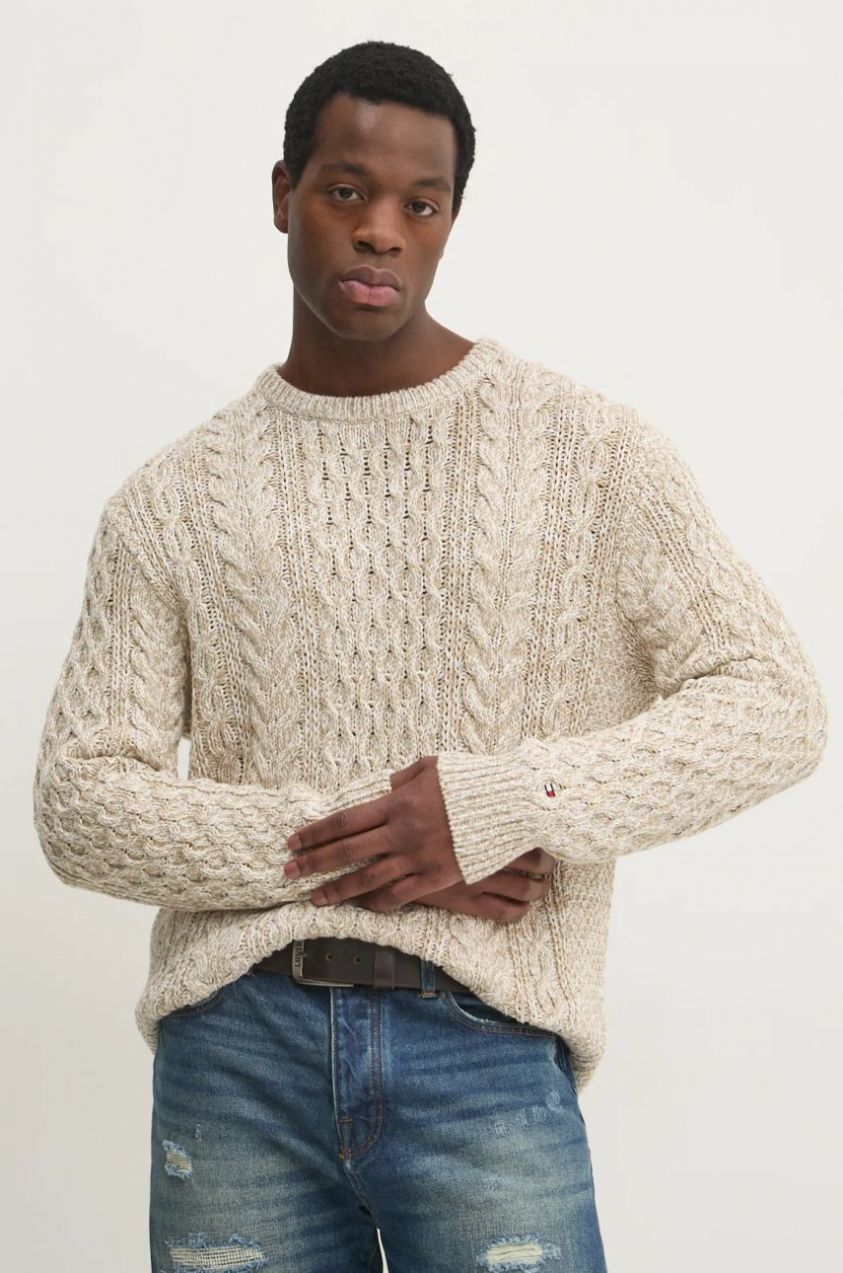 Bavlnený sveter Tommy Hilfiger béžová farba, teplý, MW0MW37407