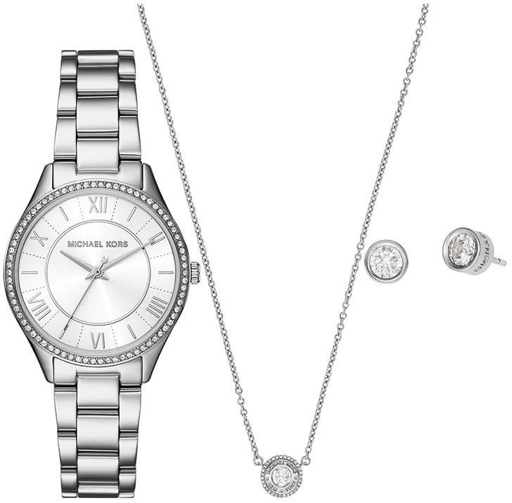 Hodinky, náhrdelník a náušnice Michael Kors LAURYN strieborná farba