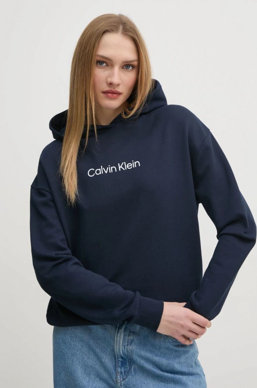 Bavlnená mikina Calvin Klein dámska, tmavomodrá farba, s kapucňou, s potlačou, K20K205449