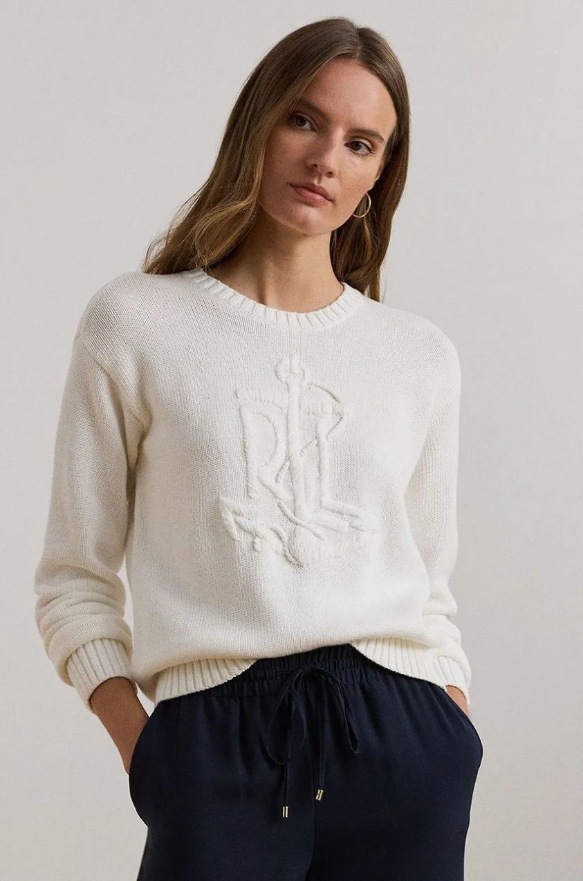 Bavlnený sveter Lauren Ralph Lauren biela farba, 200957565