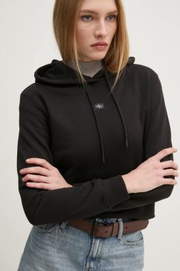 Bavlnená mikina Calvin Klein Jeans dámska, čierna farba, s kapucňou, s nášivkou, J20J225085