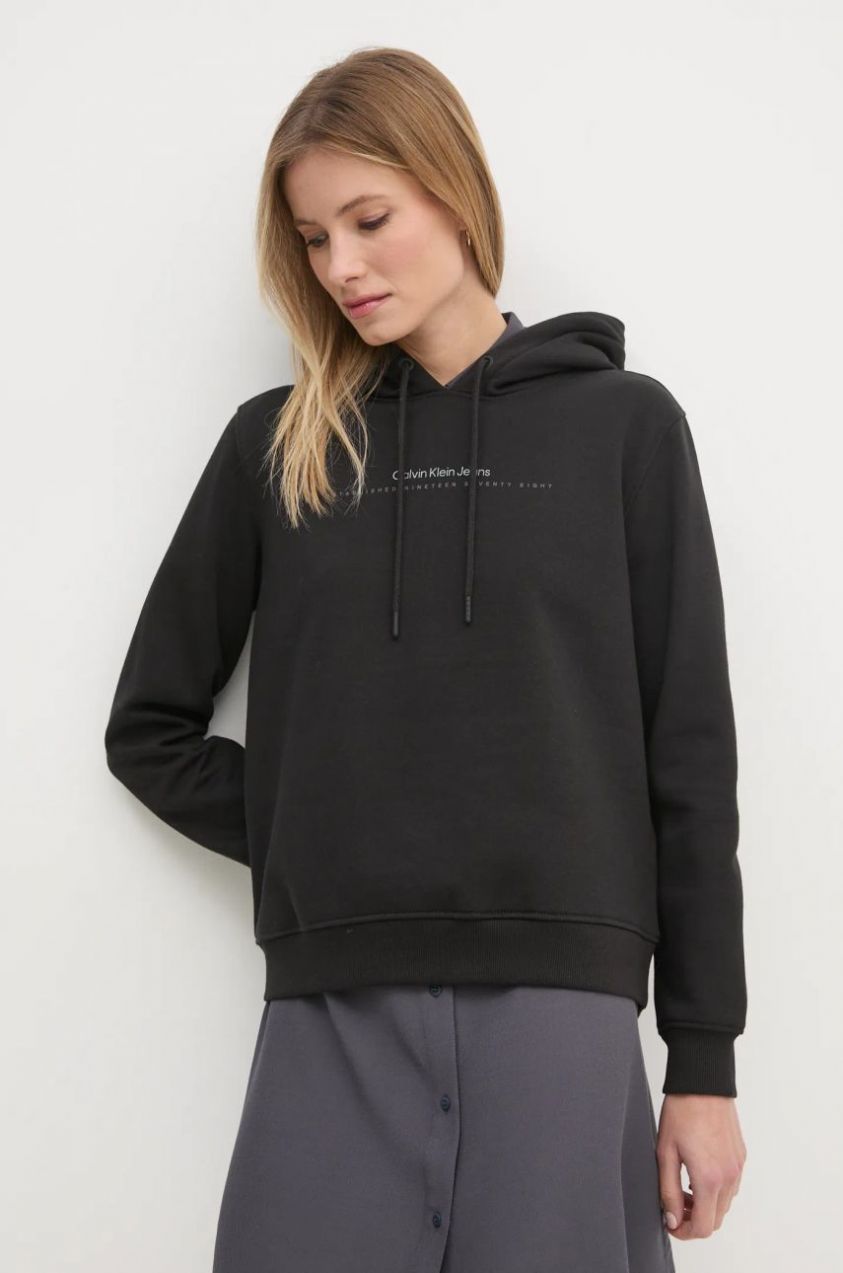 Mikina Calvin Klein Jeans dámska, čierna farba, s kapucňou, s potlačou, J20J225494