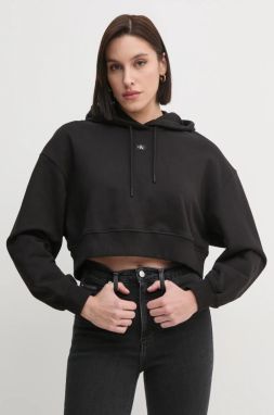 Bavlnená mikina Calvin Klein Jeans dámska, čierna farba, s kapucňou, jednofarebná, J20J224746