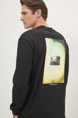 Bavlnené tričko s dlhým rukávom Calvin Klein Jeans čierna farba, s potlačou, J30J327083