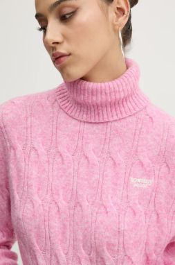Sveter s prímesou vlny Tommy Jeans dámsky, fialová farba, s rolákom, DW0DW19389