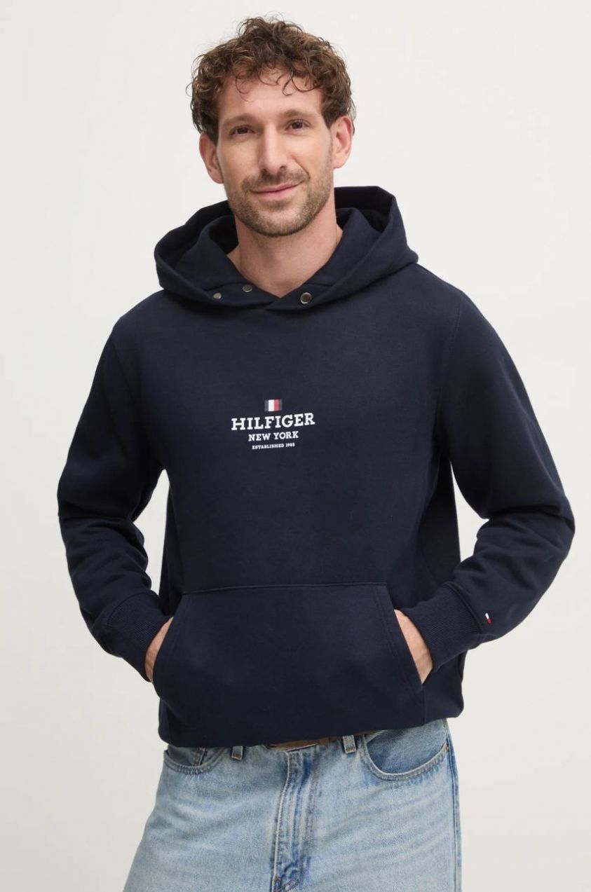 Mikina Tommy Hilfiger pánska, tmavomodrá farba, s kapucňou, s potlačou, MW0MW39050