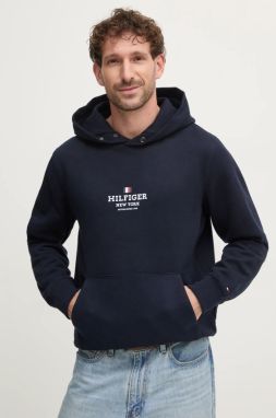 Mikina Tommy Hilfiger pánska, tmavomodrá farba, s kapucňou, s potlačou, MW0MW39050