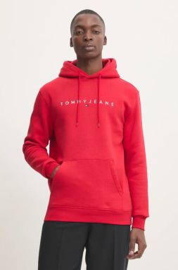 Mikina Tommy Jeans pánska, červená farba, s kapucňou, s potlačou, DM0DM20746