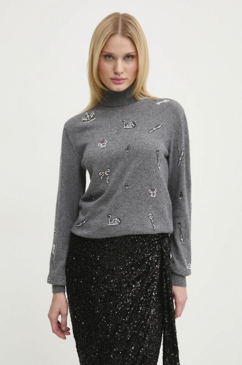 Vlnený sveter MSGM dámsky, šedá farba, tenký, s rolákom, 3742MDM212.247786