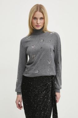 Vlnený sveter MSGM dámsky, šedá farba, tenký, s rolákom, 3742MDM212.247786