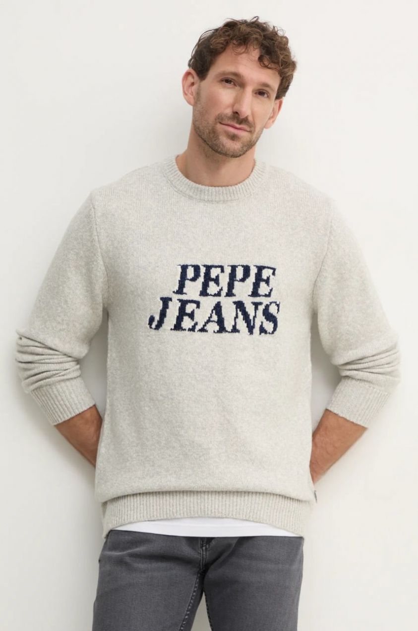 Sveter s prímesou vlny Pepe Jeans LUKA pánsky, šedá farba, PM702499