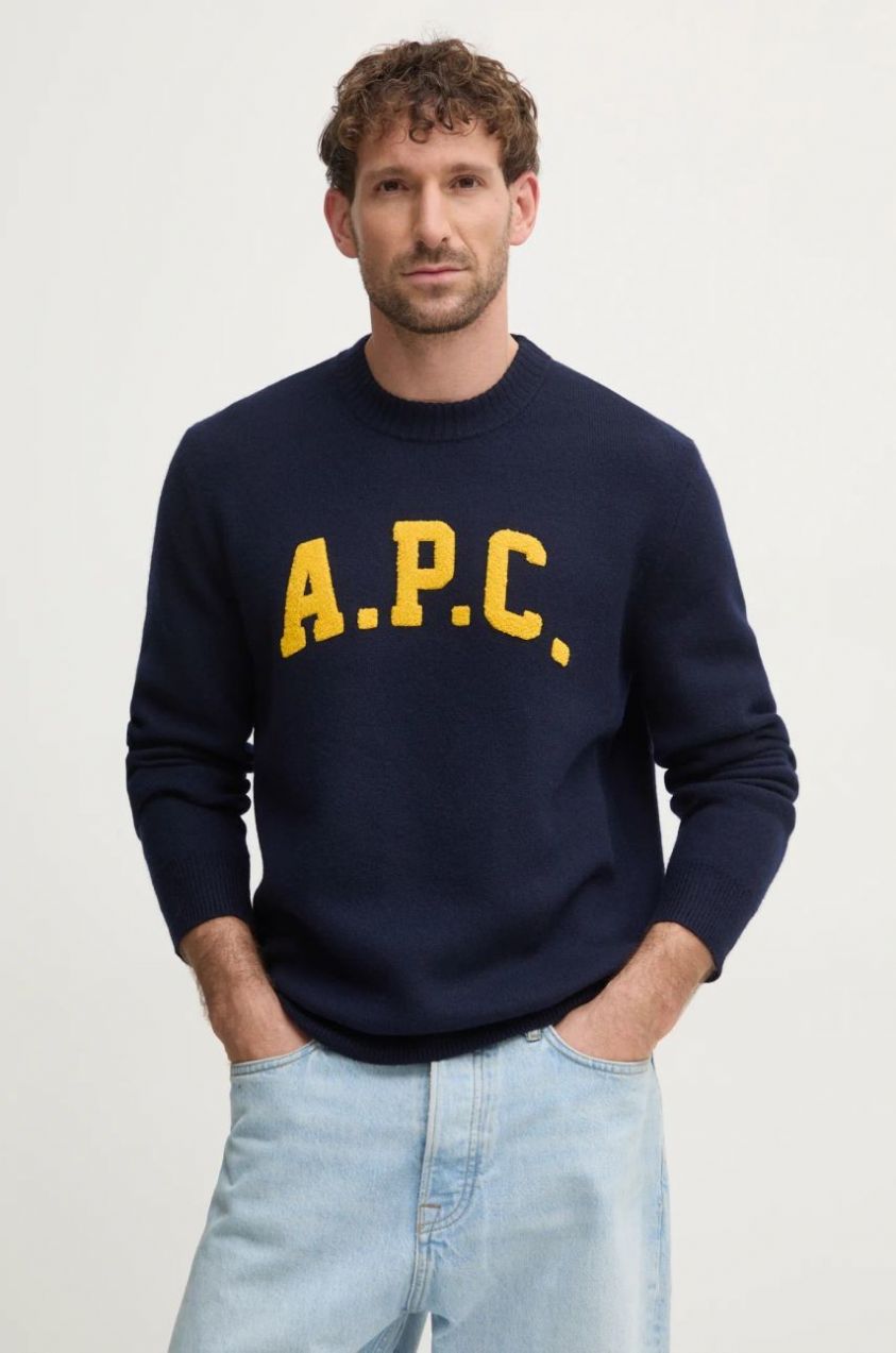 Vlnený sveter A.P.C. pull joshua pánsky, tmavomodrá farba, WVBDK.M23365