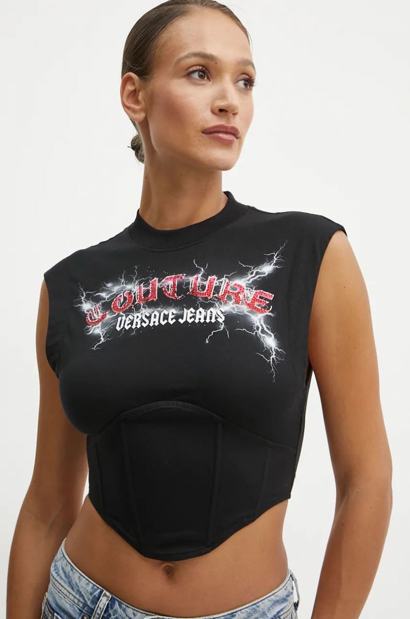 Bavlnený top Versace Jeans Couture čierna farba, 77HAHL04 CJ01L