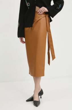 Sukňa Never Fully Dressed Vegan Leather Jaspre Skirt hnedá farba, midi, puzdrová, NFDSK473