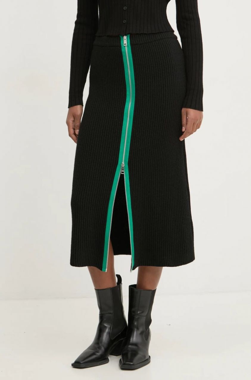 Vlnená sukňa MSGM čierna farba, midi, rovný strih, 3742MDD190.247593