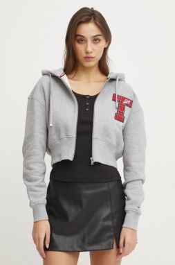 Bavlnená mikina Tommy Jeans dámska, šedá farba, s kapucňou, melanžová, DW0DW20535